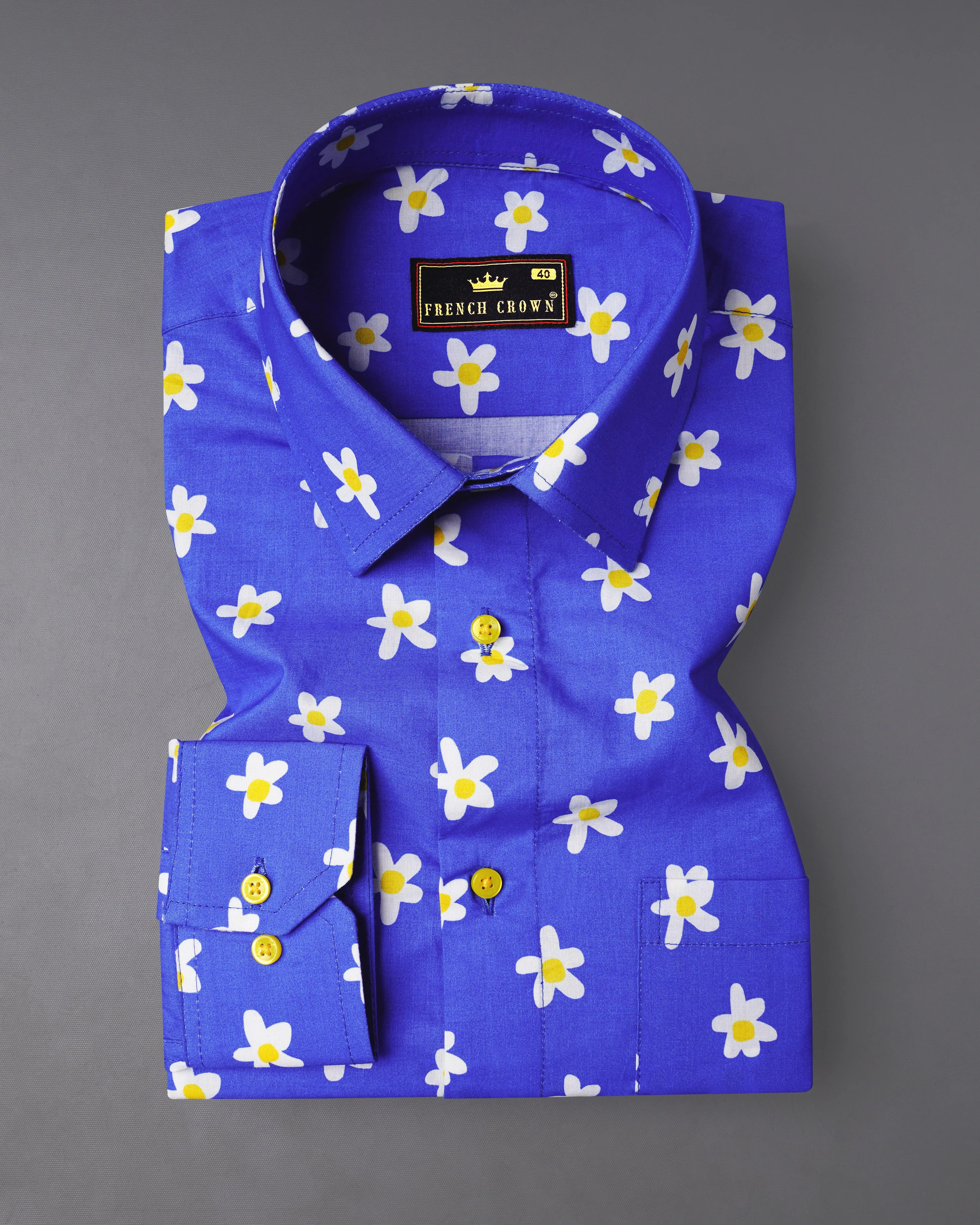 Cerulean Blue Ditsy Printed Premium Cotton Shirt sold by French Crown
