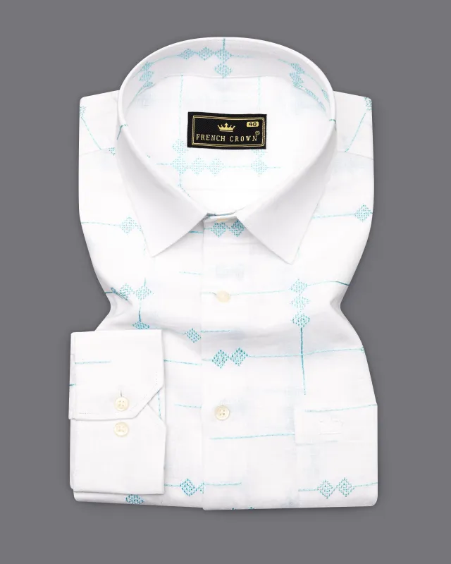 Bright White with Pelorous Blue Embroidered Textured Luxurious Linen Shirt sold by French Crown