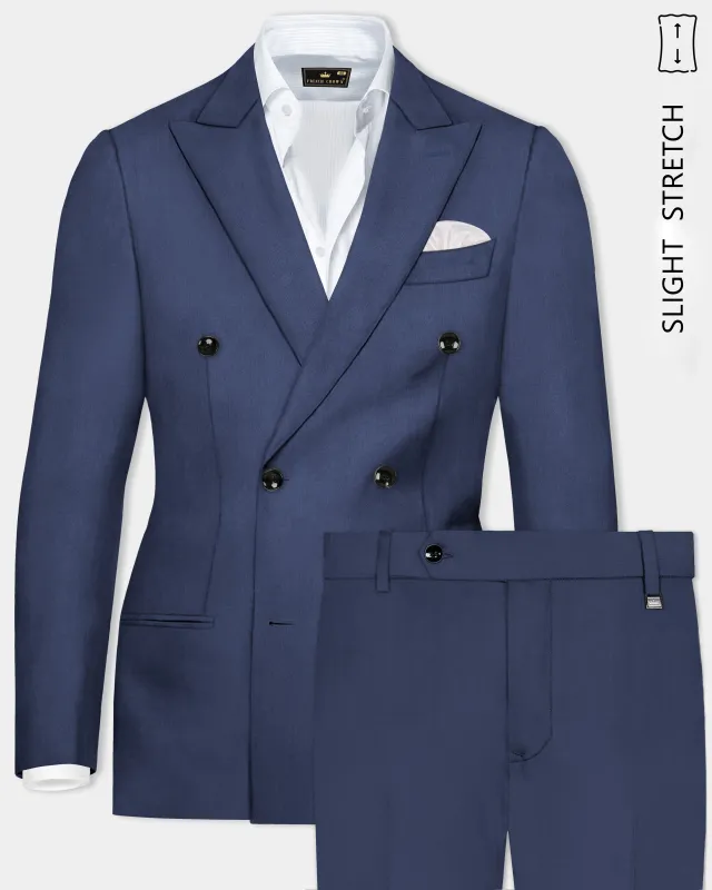 Sapphire-Glaucous Blue Solid Wool Rich Double Breasted Slight Stretch Suit sold by French Crown