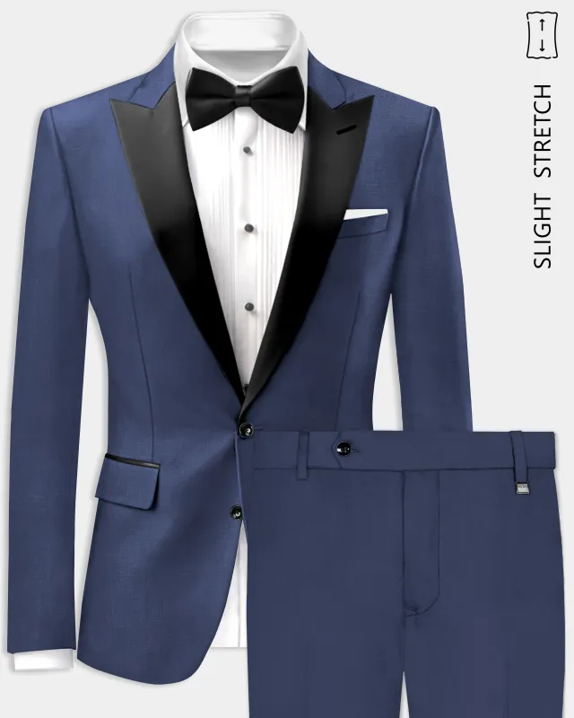 Sapphire-Glaucous Blue Solid Wool Rich Peak Lapel Tuxedo Slight Stretch Suit sold by French Crown
