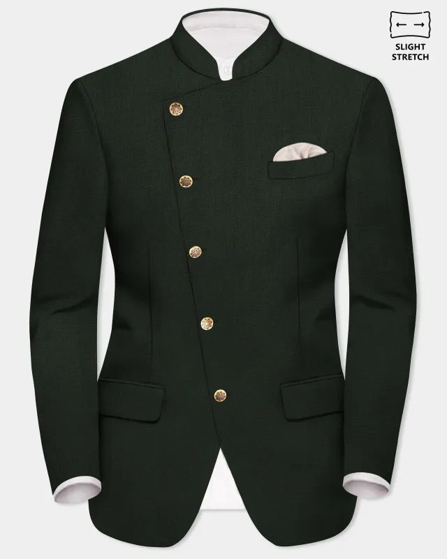 Verdant Majesty-Juniper Green Solid Wool Rich Cross Placket Bandhgala Slight Stretch Blazer sold by French Crown