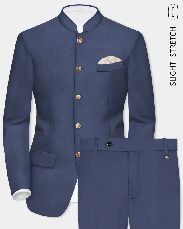 Sapphire-Glaucous Blue Solid Wool Rich Bandhgala Slight Stretch Suit sold by French Crown