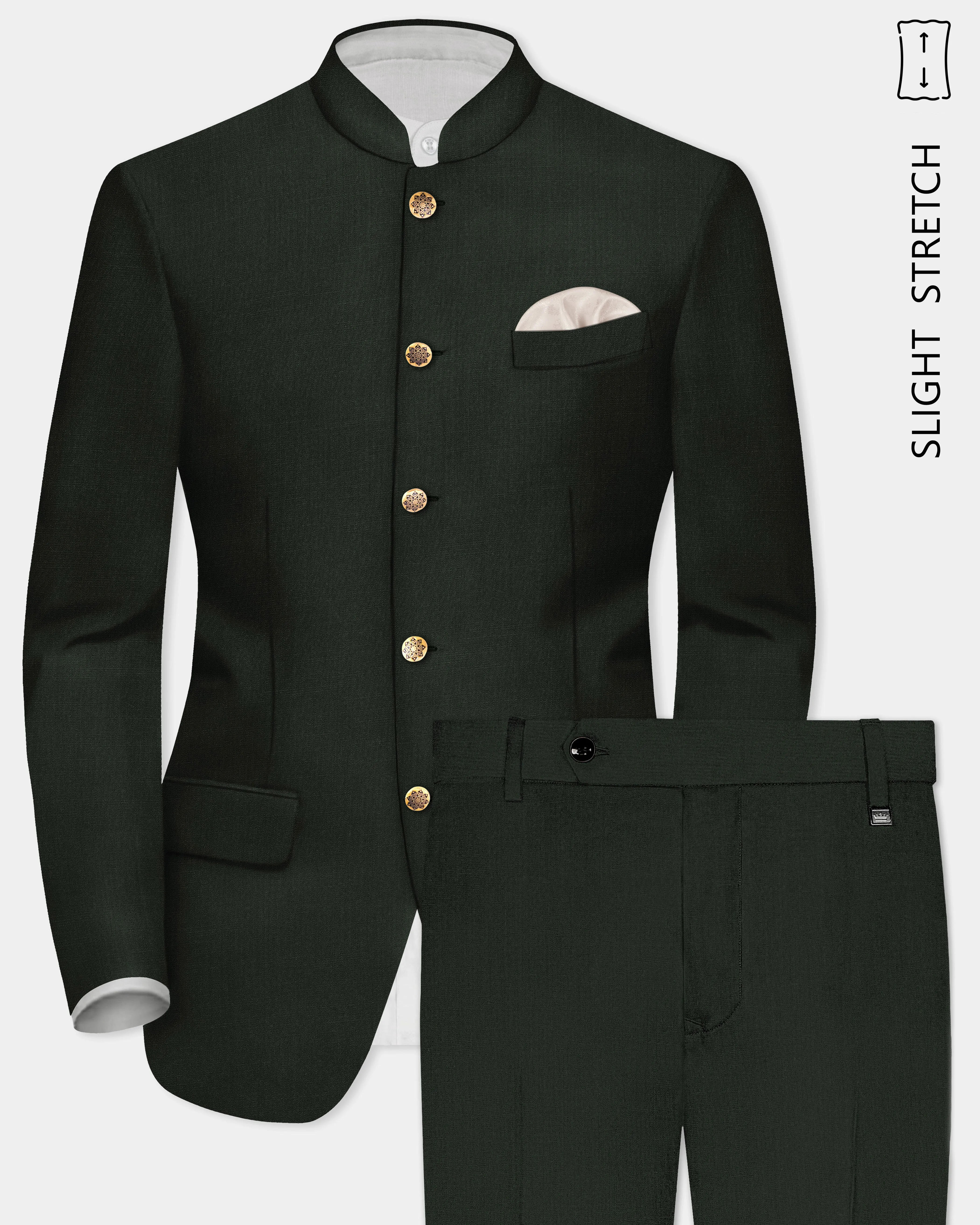 Verdant Majesty-Juniper Green Solid Wool Rich Bandhgala Slight Stretch Suit sold by French Crown