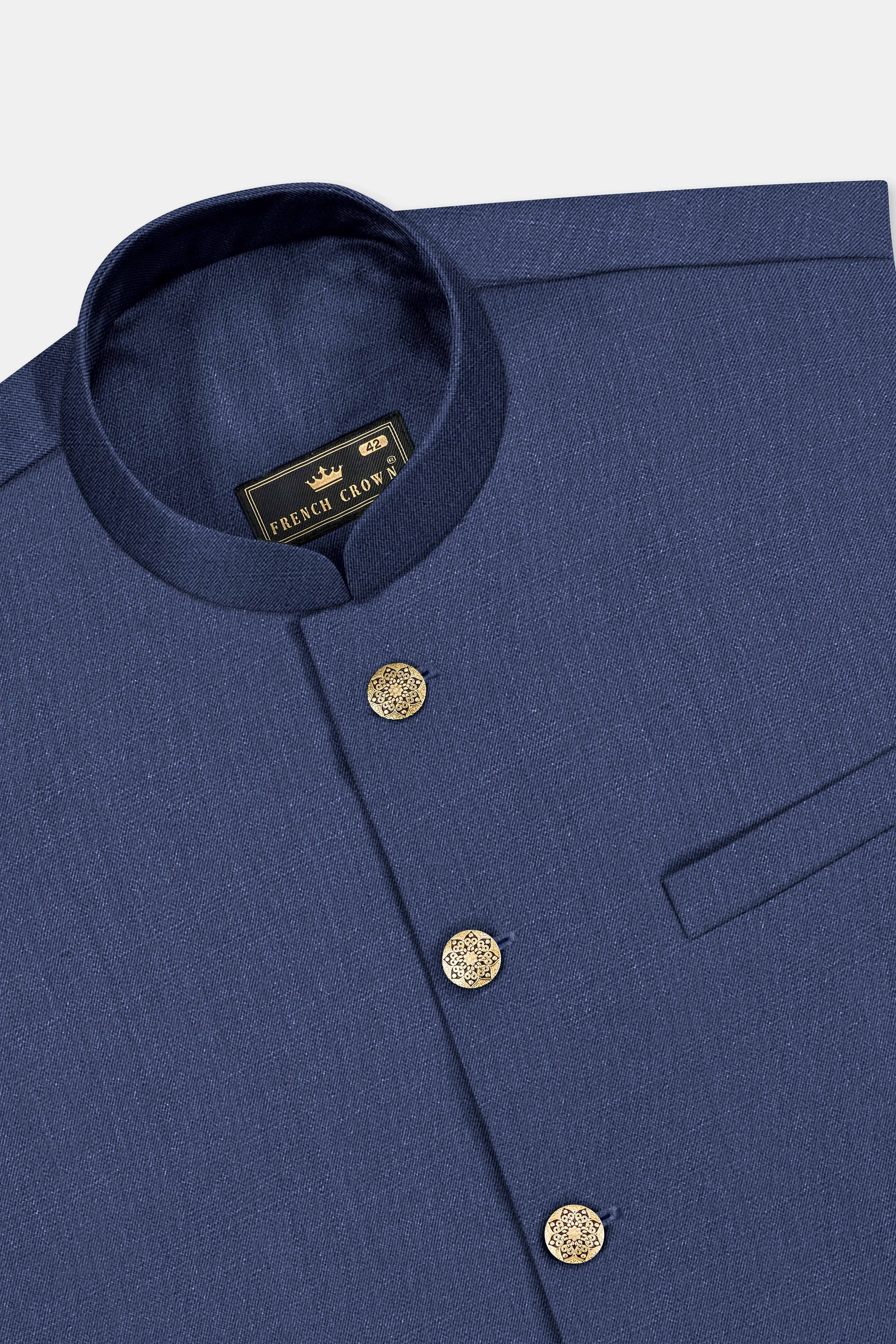 Sapphire-Glaucous Blue Solid Wool Rich Cross Placket Bandhgala Slight Stretch Suit sold by French Crown product image thumbnail 5
