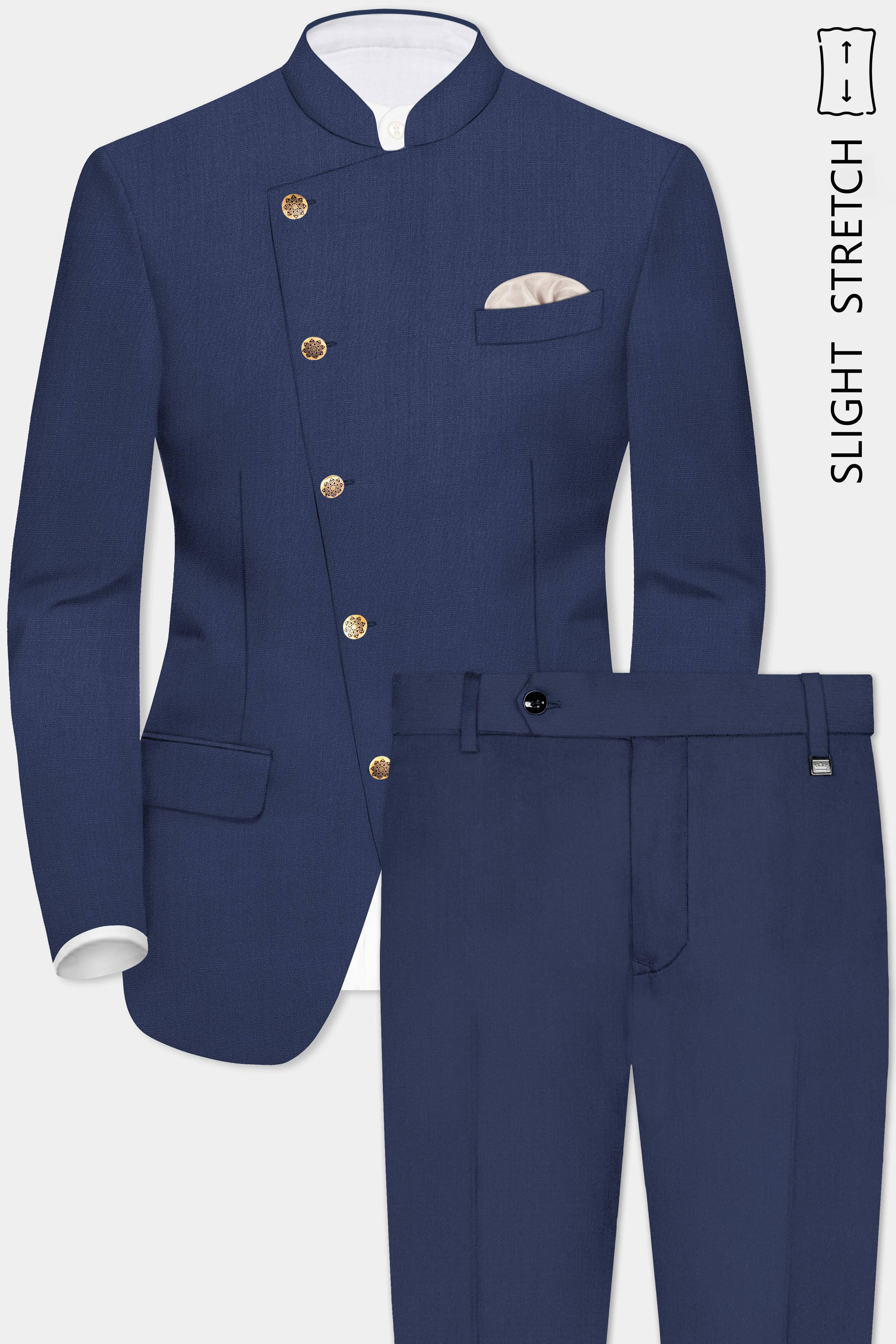 Sapphire-Glaucous Blue Solid Wool Rich Cross Placket Bandhgala Slight Stretch Suit sold by French Crown product image thumbnail 2