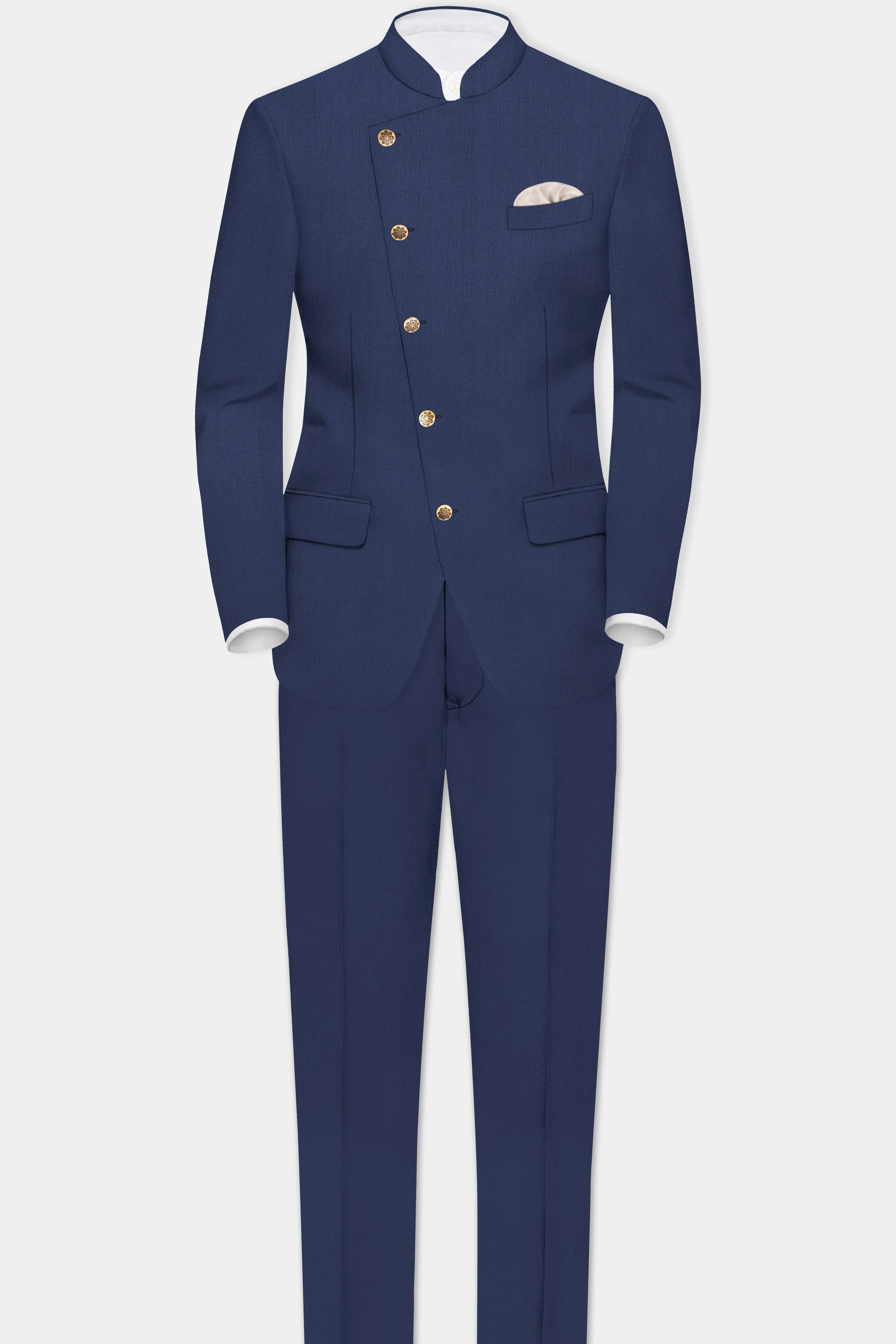 Sapphire-Glaucous Blue Solid Wool Rich Cross Placket Bandhgala Slight Stretch Suit sold by French Crown product image thumbnail 4