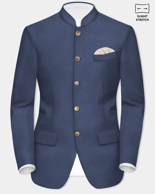 Sapphire-Glaucous Blue Solid Wool Rich Bandhgala Slight Stretch Blazer sold by French Crown