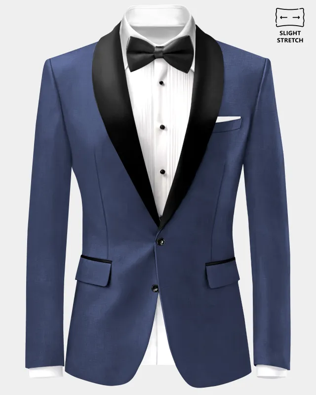 Sapphire-Glaucous Blue Solid Wool Rich Tuxedo Slight Stretch Blazer sold by French Crown
