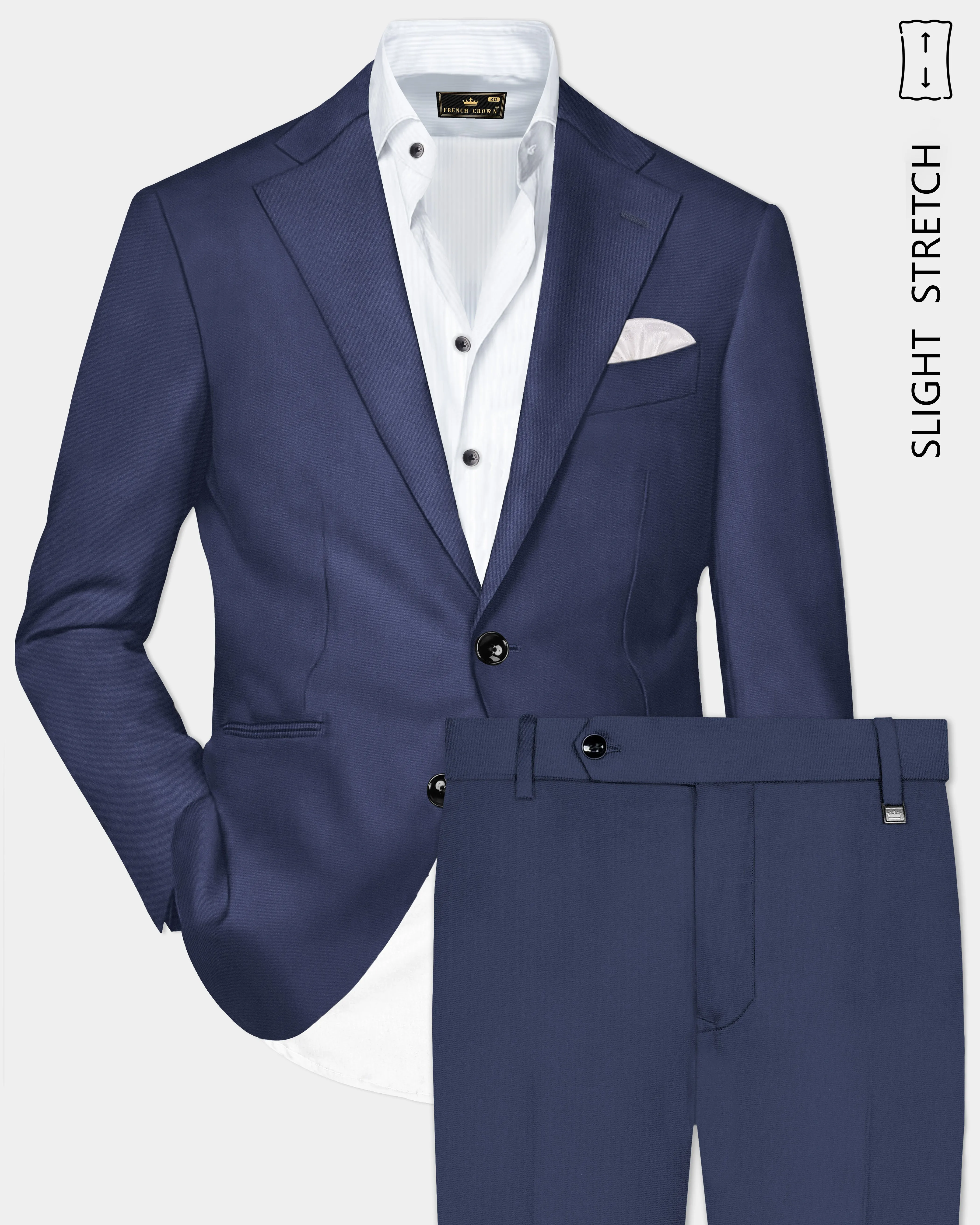Sapphire-Glaucous Blue Solid Wool Rich Single Breasted Slight Stretch Suit sold by French Crown