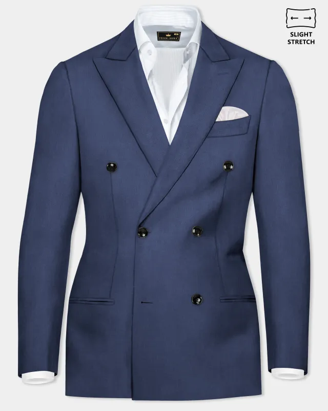 Sapphire-Glaucous Blue Solid Wool Rich Double Breasted Slight Stretch Blazer sold by French Crown