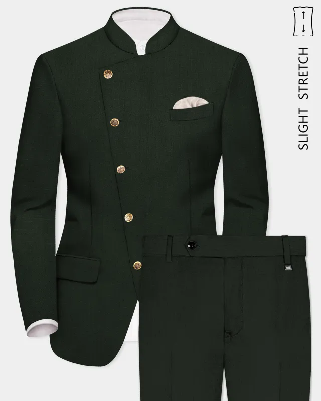 Verdant Majesty-Juniper Green Solid Wool Rich Cross Placket Bandhgala Slight Stretch Suit sold by French Crown