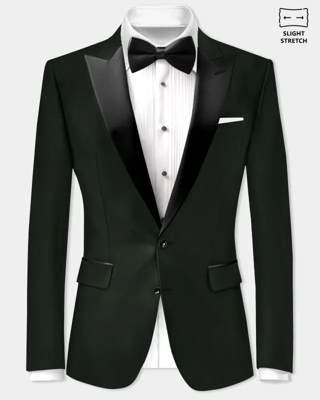 Verdant Majesty-Juniper Green Solid Wool Rich Peak Lapel Tuxedo Slight Stretch Blazer sold by French Crown