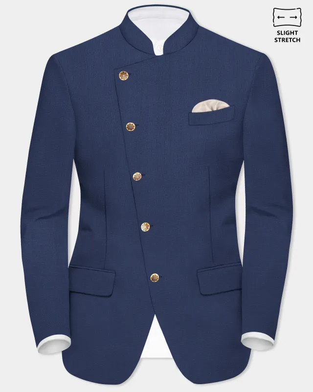 Sapphire-Glaucous Blue Solid Wool Rich Cross Placket Bandhgala Slight Stretch Blazer sold by French Crown