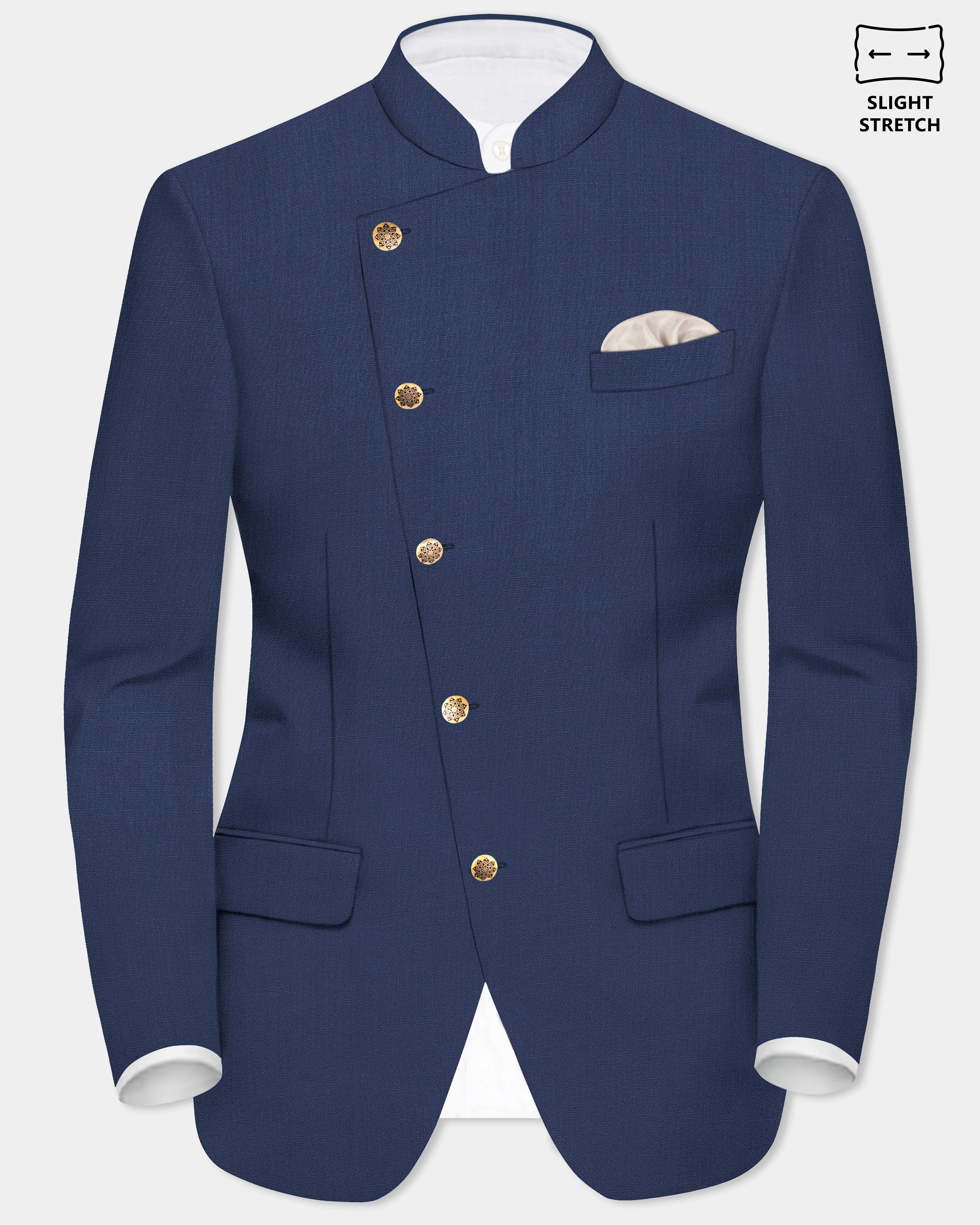 Sapphire-Glaucous Blue Solid Wool Rich Cross Placket Bandhgala Slight Stretch Blazer sold by French Crown
