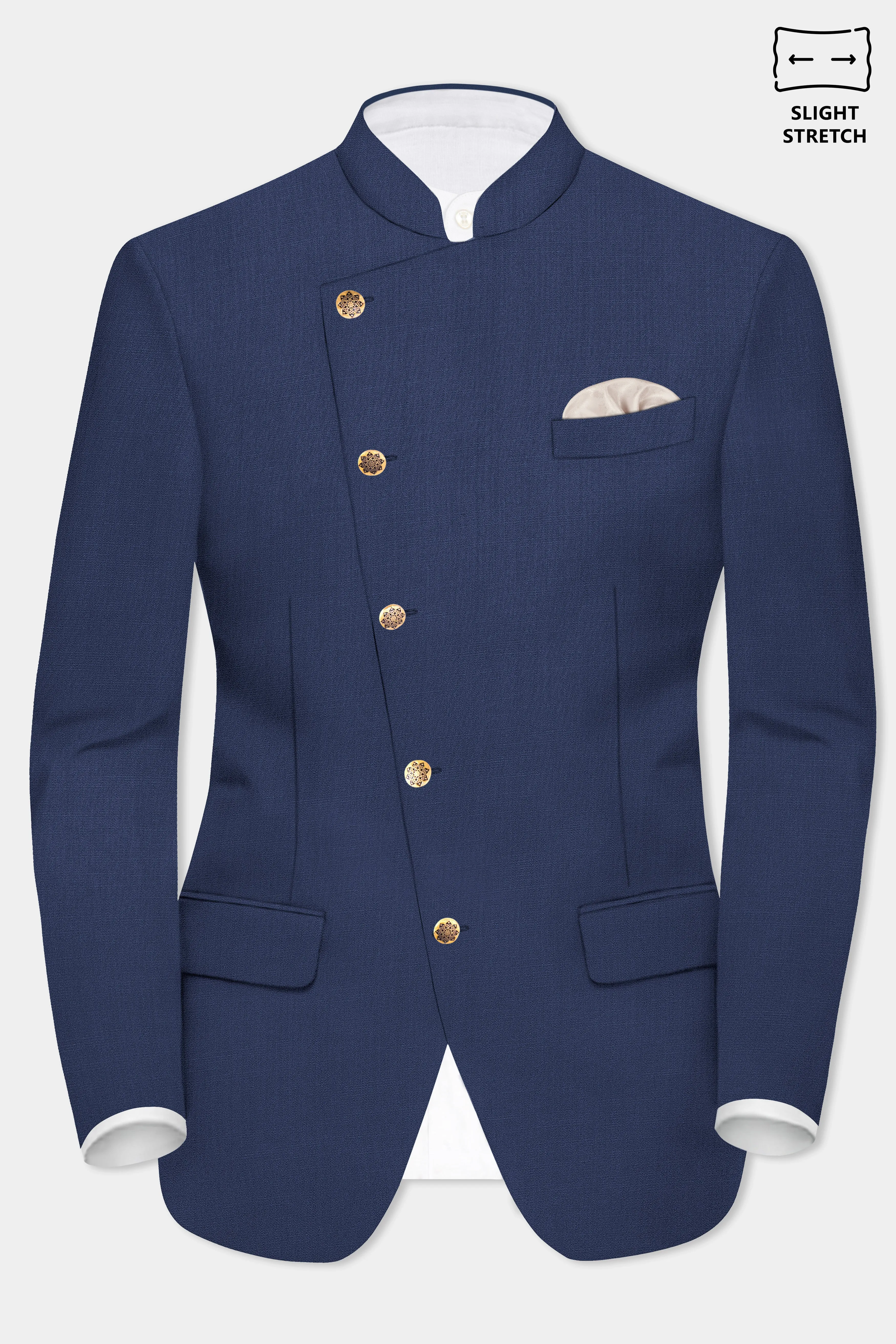Sapphire-Glaucous Blue Solid Wool Rich Cross Placket Bandhgala Slight Stretch Blazer sold by French Crown product image thumbnail 2