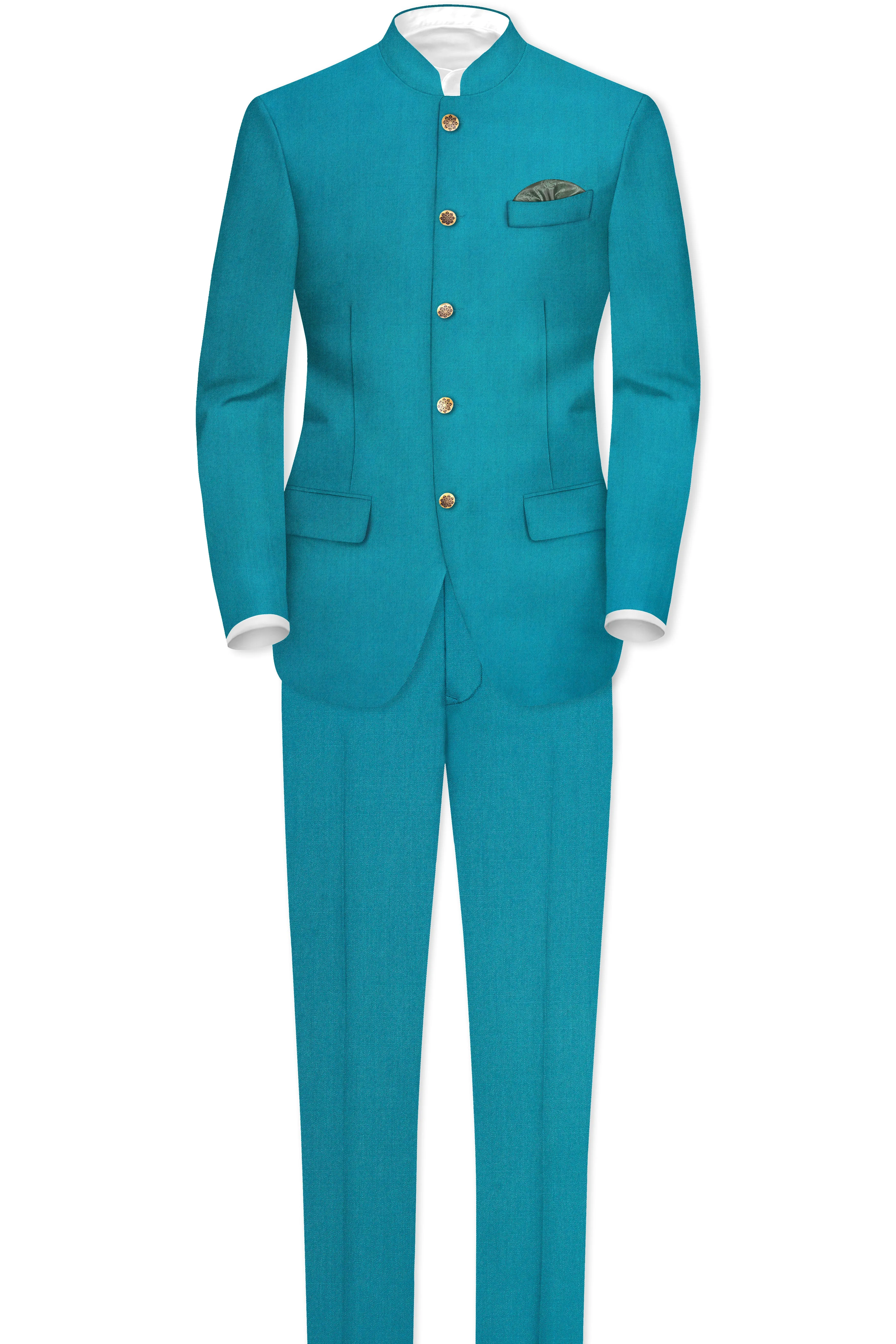Zephir-Surfie Green Wool Rich Bandhgala Slight Stretch Suit sold by French Crown product image thumbnail 4