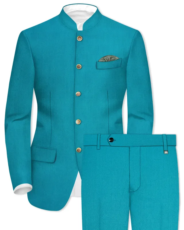 Zephir-Surfie Green Wool Rich Bandhgala Slight Stretch Suit sold by French Crown