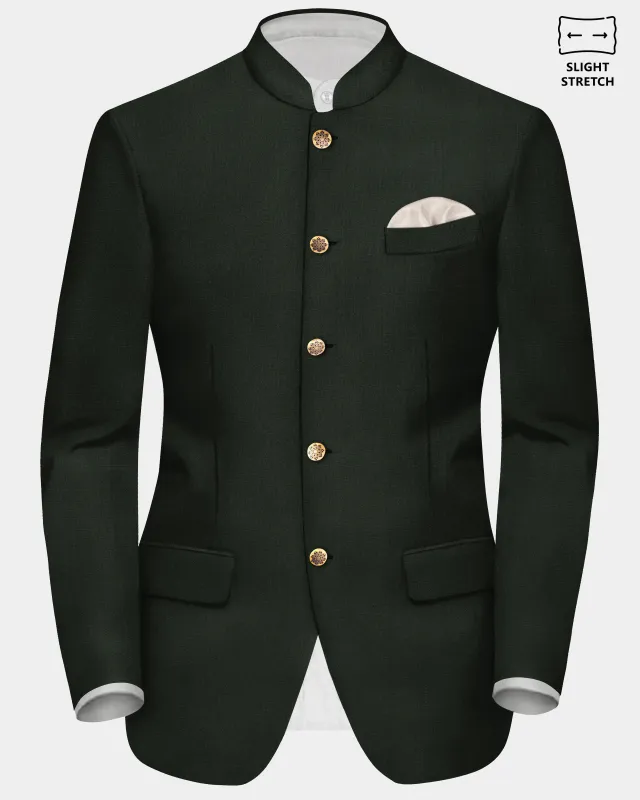 Verdant Majesty-Juniper Green Solid Wool Rich Bandhgala Slight Stretch Blazer sold by French Crown