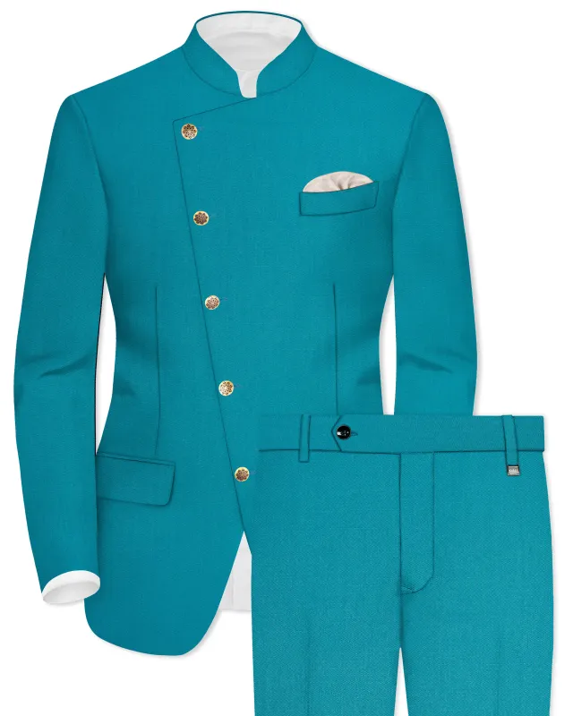 Zephir-Surfie Green Wool Rich Cross Placket Bandhgala Slight Stretch Suit sold by French Crown
