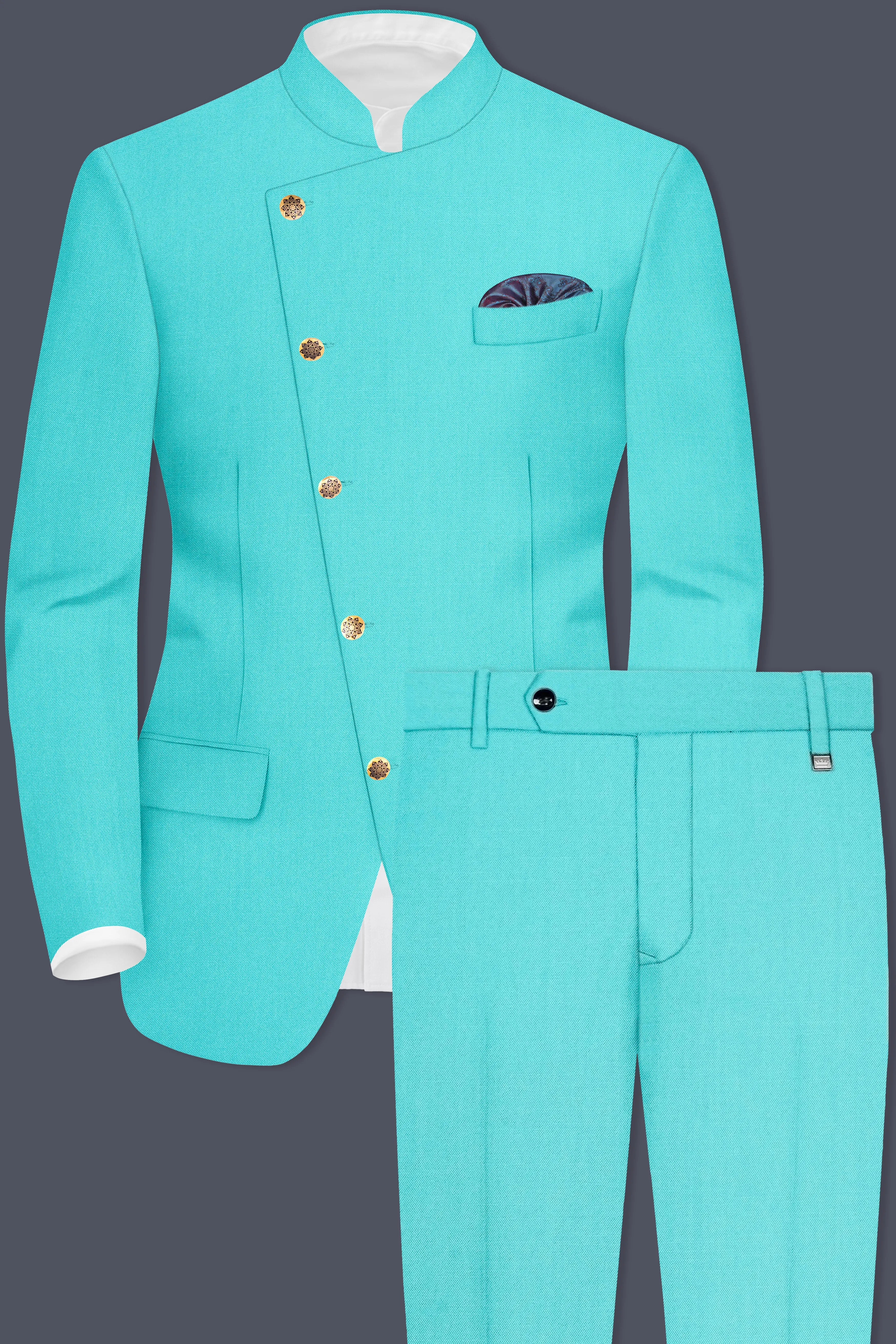 Aegir-Viking Blue Wool Rich Cross Placket Bandhgala Slight Stretch Suit sold by French Crown product image thumbnail 2