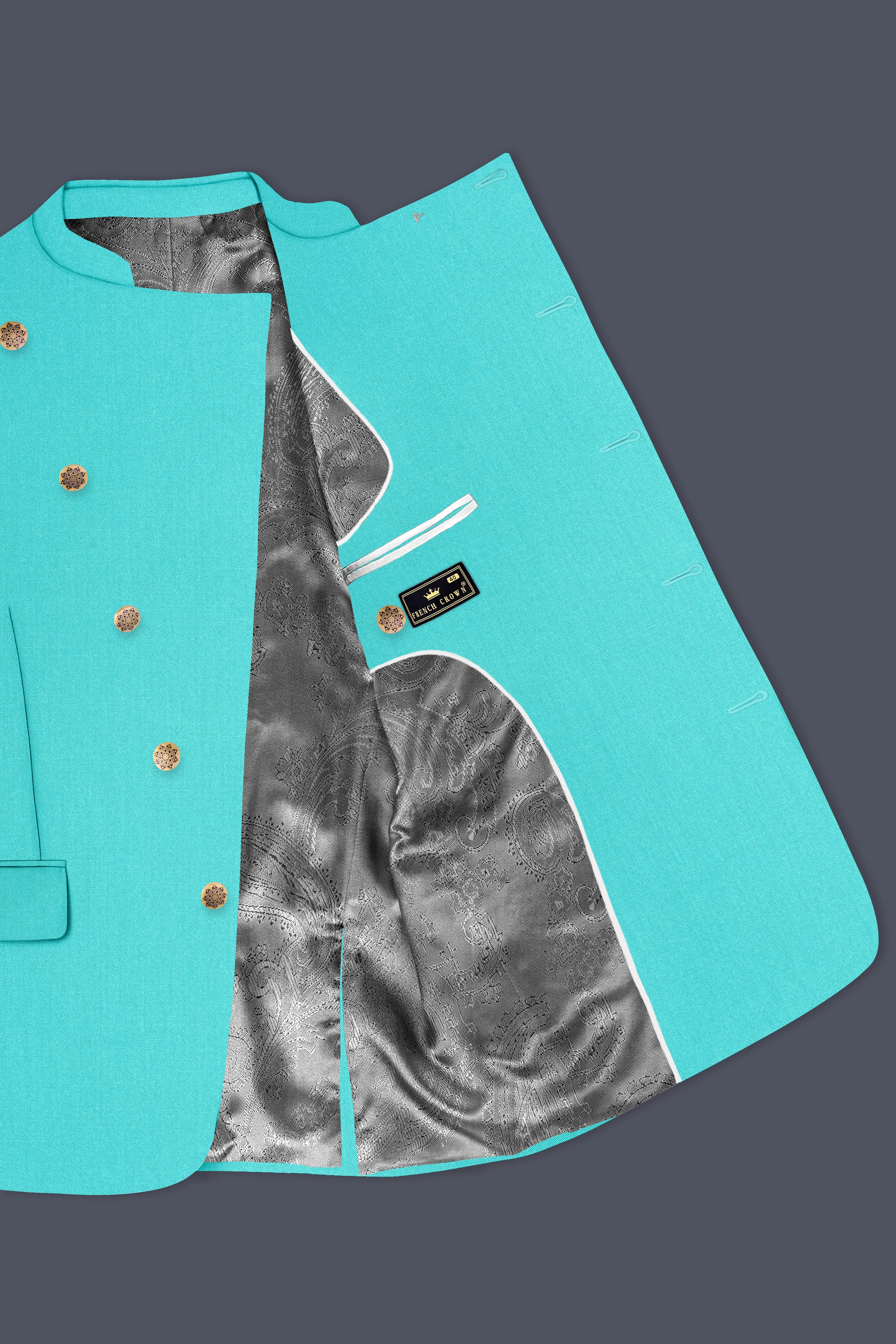 Aegir-Viking Blue Wool Rich Cross Placket Bandhgala Slight Stretch Suit sold by French Crown product image thumbnail 4