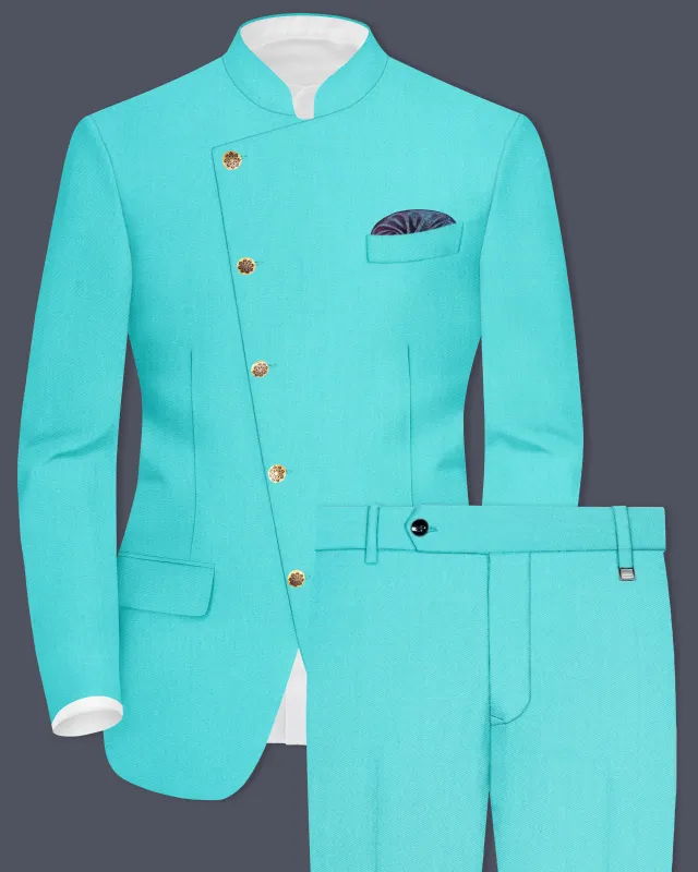 Aegir-Viking Blue Wool Rich Cross Placket Bandhgala Slight Stretch Suit sold by French Crown