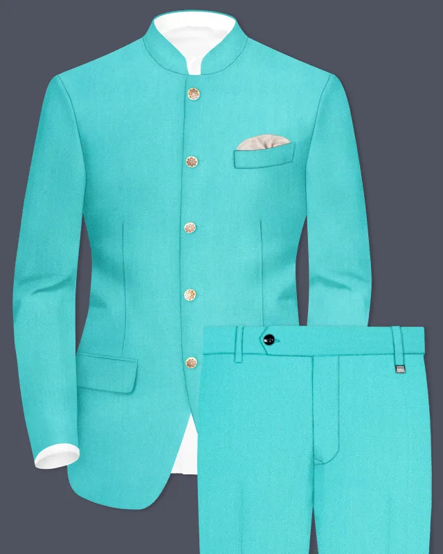 Aegir-Viking Blue Wool Rich Bandhgala Slight Stretch Suit sold by French Crown