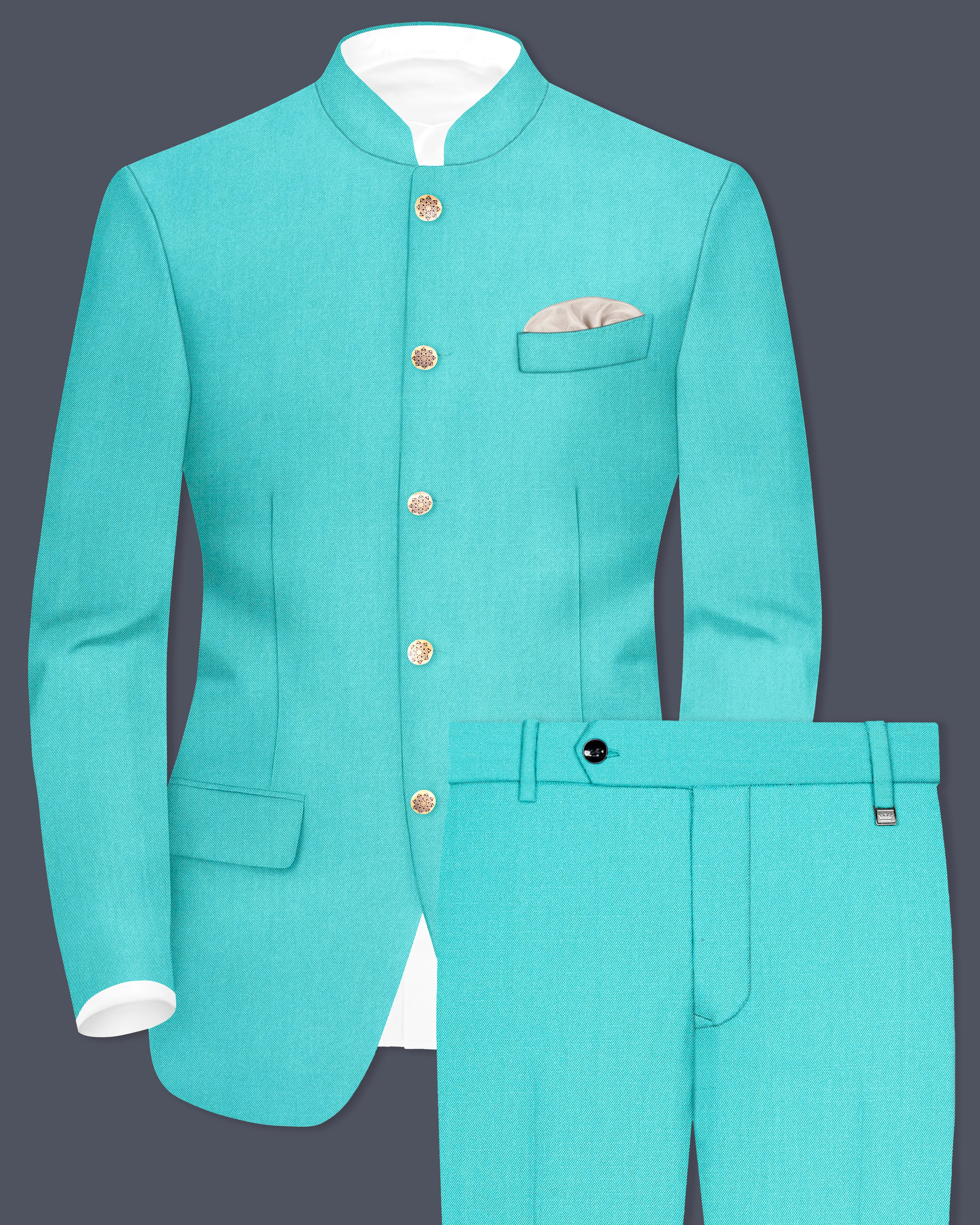 Aegir-Viking Blue Wool Rich Bandhgala Slight Stretch Suit sold by French Crown