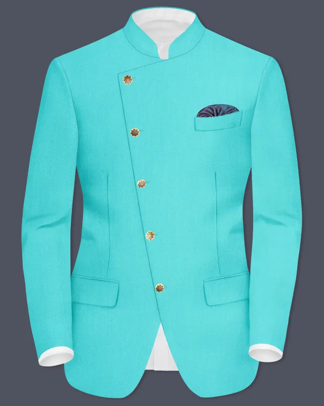 Aegir-Viking Blue Wool Rich Cross Placket Bandhgala Slight Stretch Blazer sold by French Crown
