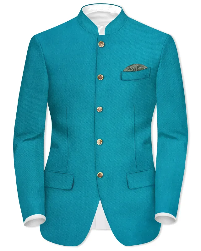 Zephir-Surfie Green Wool Rich Bandhgala Slight Stretch Blazer sold by French Crown