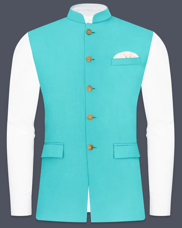 Aegir-Viking Blue Wool Rich Slight Stretch Nehru Jacket sold by French Crown