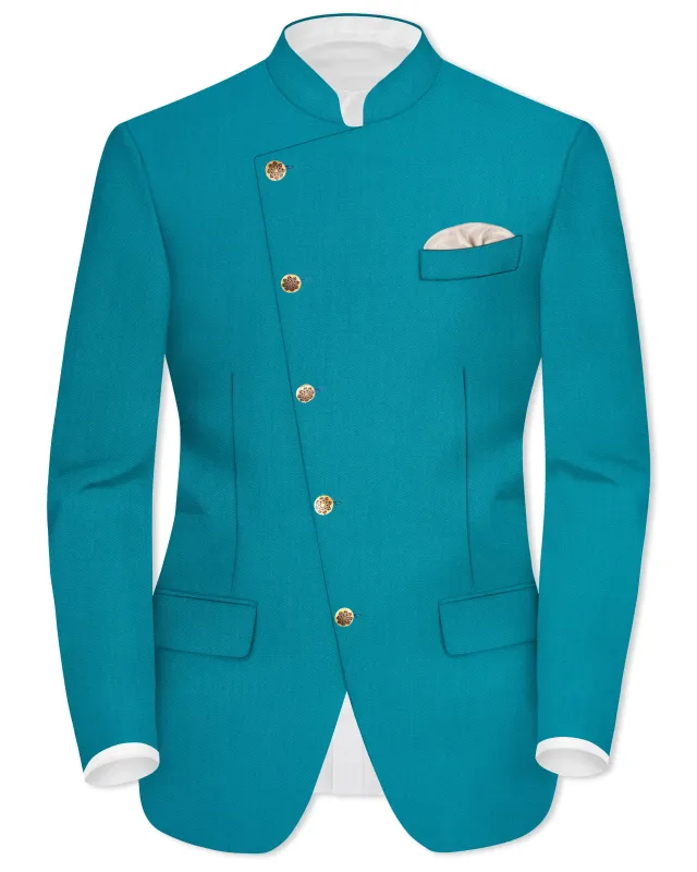 Zephir-Surfie Green Wool Rich Cross Placket Bandhgala Slight Stretch Blazer sold by French Crown