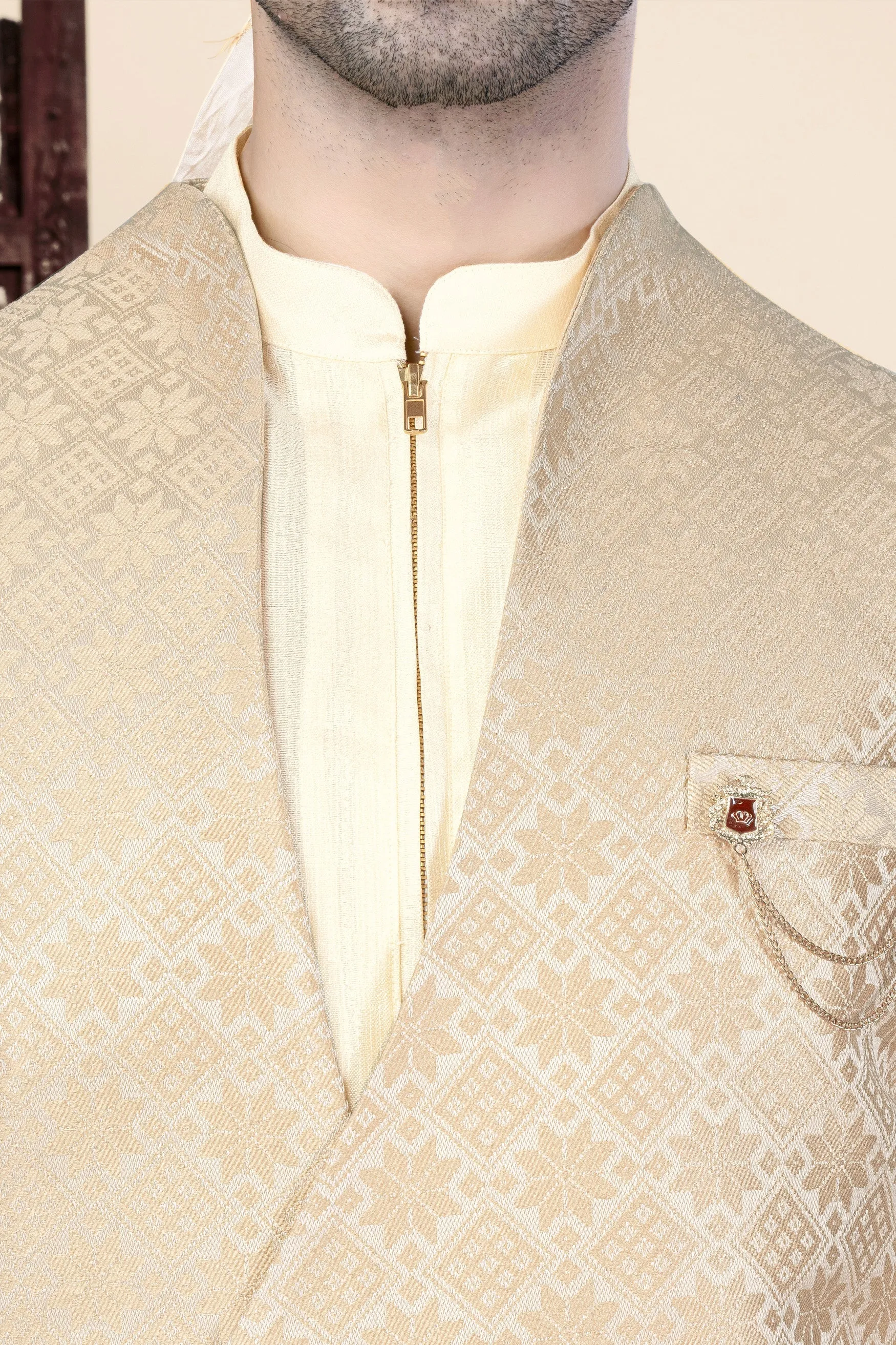Cameo Brown and Ecru Cream Jacquard Weave Indo-Western sold by French Crown product image thumbnail 4