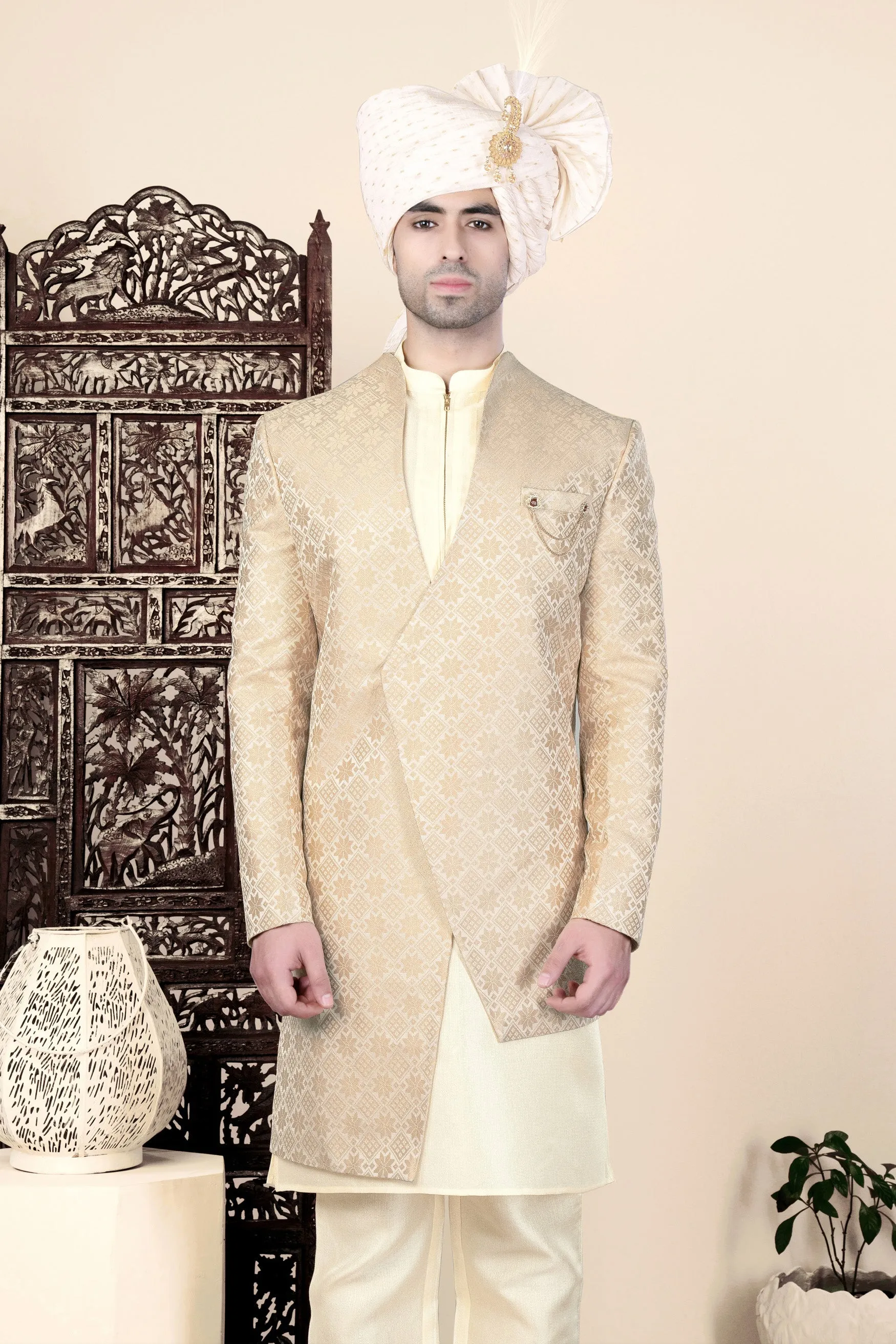 Cameo Brown and Ecru Cream Jacquard Weave Indo-Western sold by French Crown product image thumbnail 5