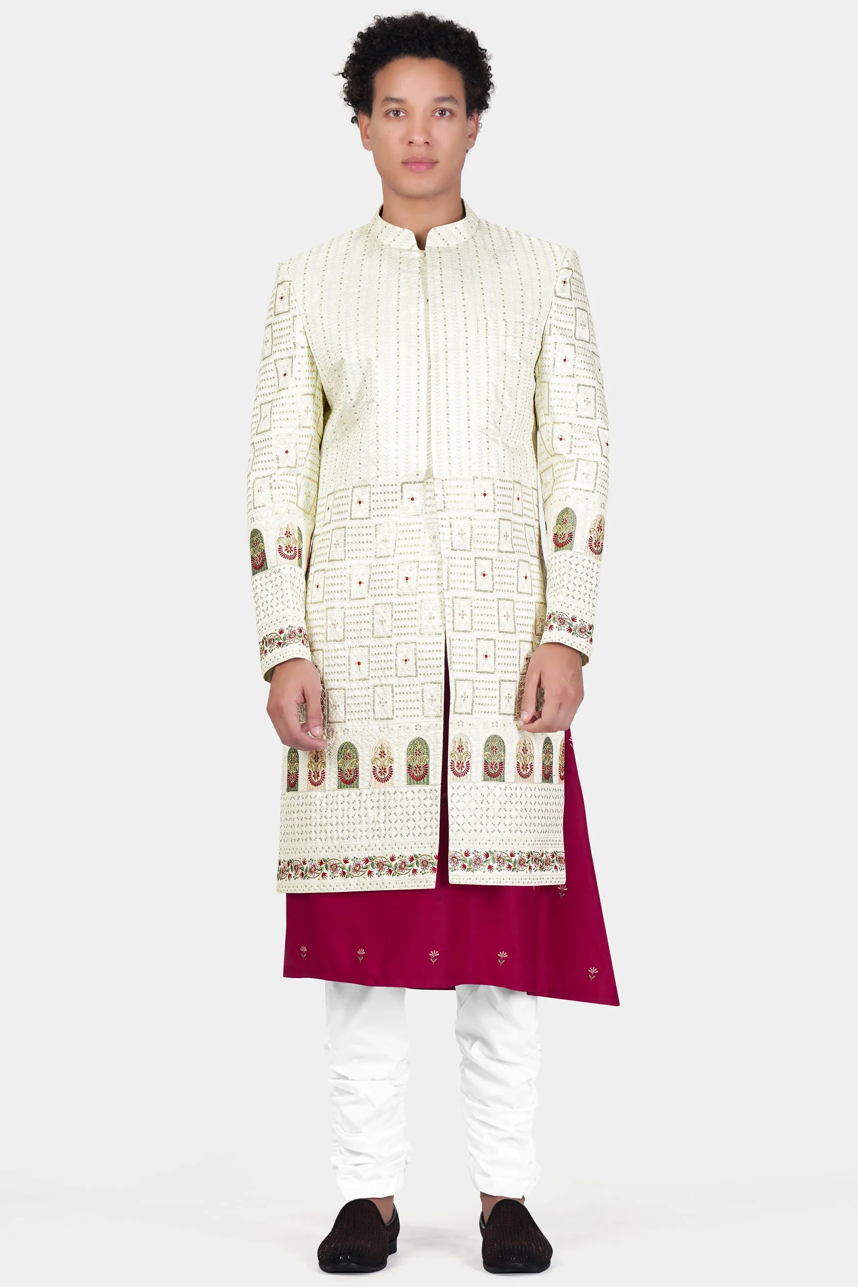 Merino Cream with Finch Green Multicolour Thread and Sequin Embroidered Indo-Western Sherwani sold by French Crown product image thumbnail 4
