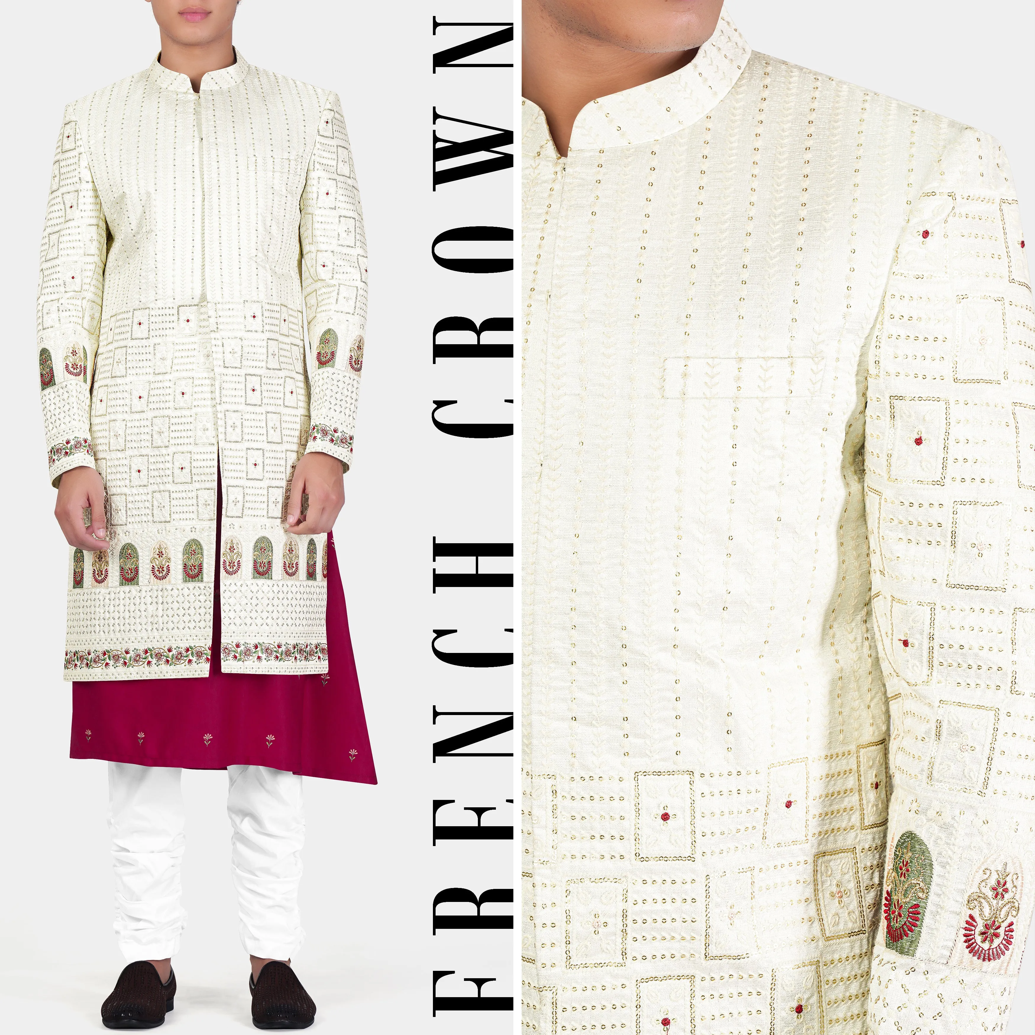 Merino Cream with Finch Green Multicolour Thread and Sequin Embroidered Indo-Western Sherwani sold by French Crown
