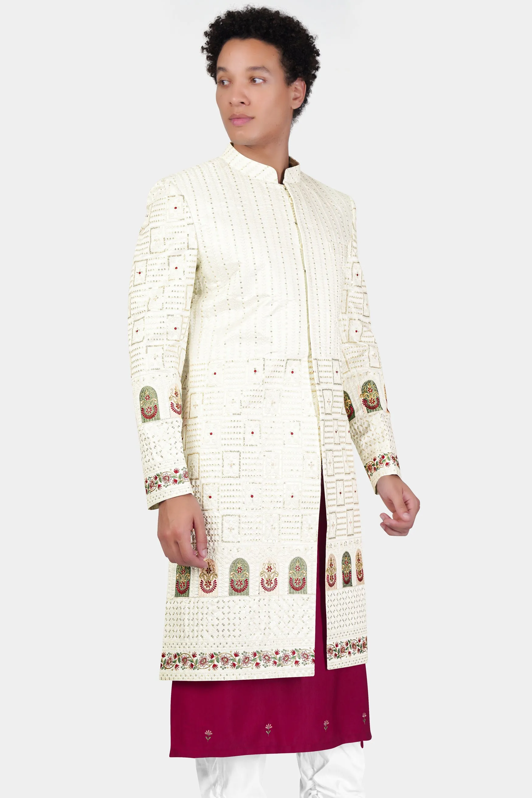 Merino Cream with Finch Green Multicolour Thread and Sequin Embroidered Indo-Western Sherwani sold by French Crown product image thumbnail 2