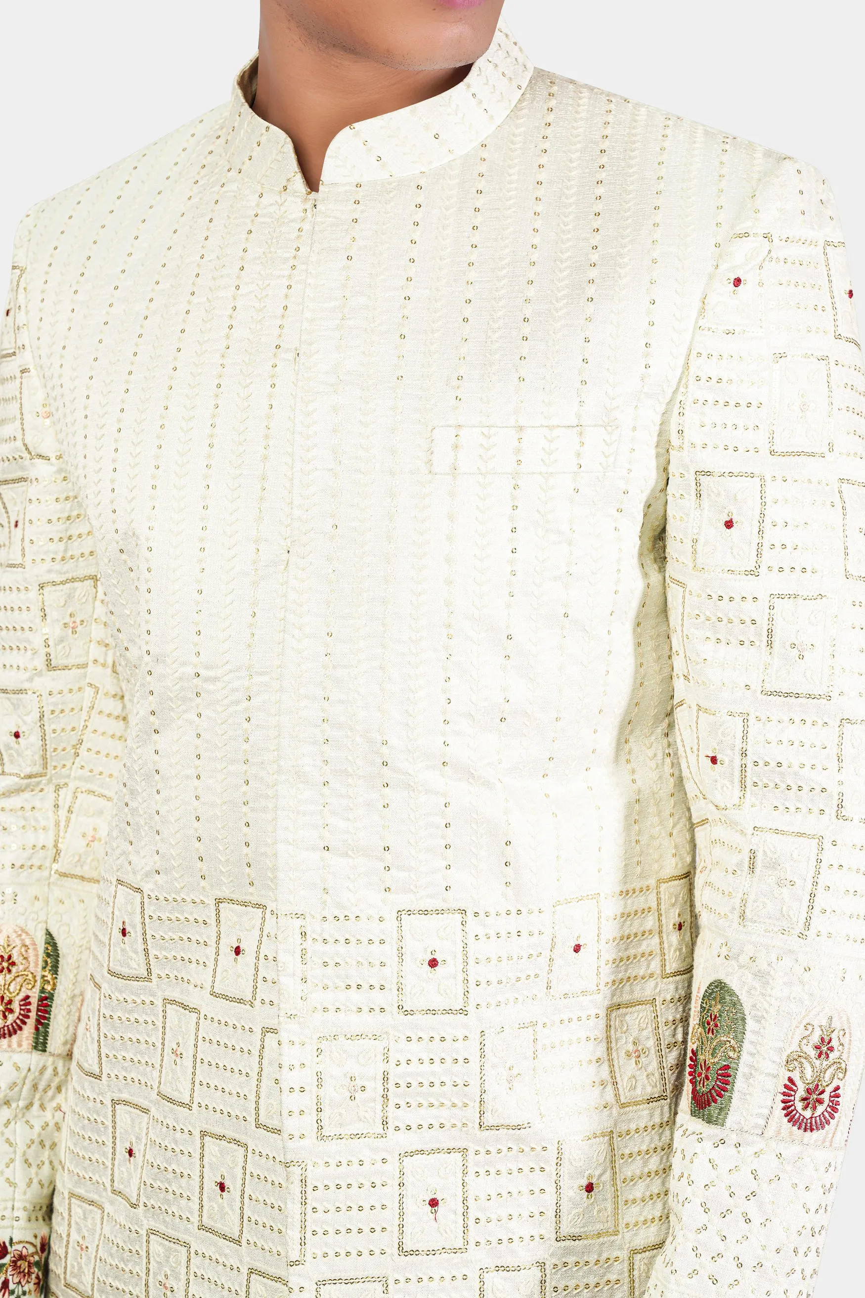 Merino Cream with Finch Green Multicolour Thread and Sequin Embroidered Indo-Western Sherwani sold by French Crown product image thumbnail 5