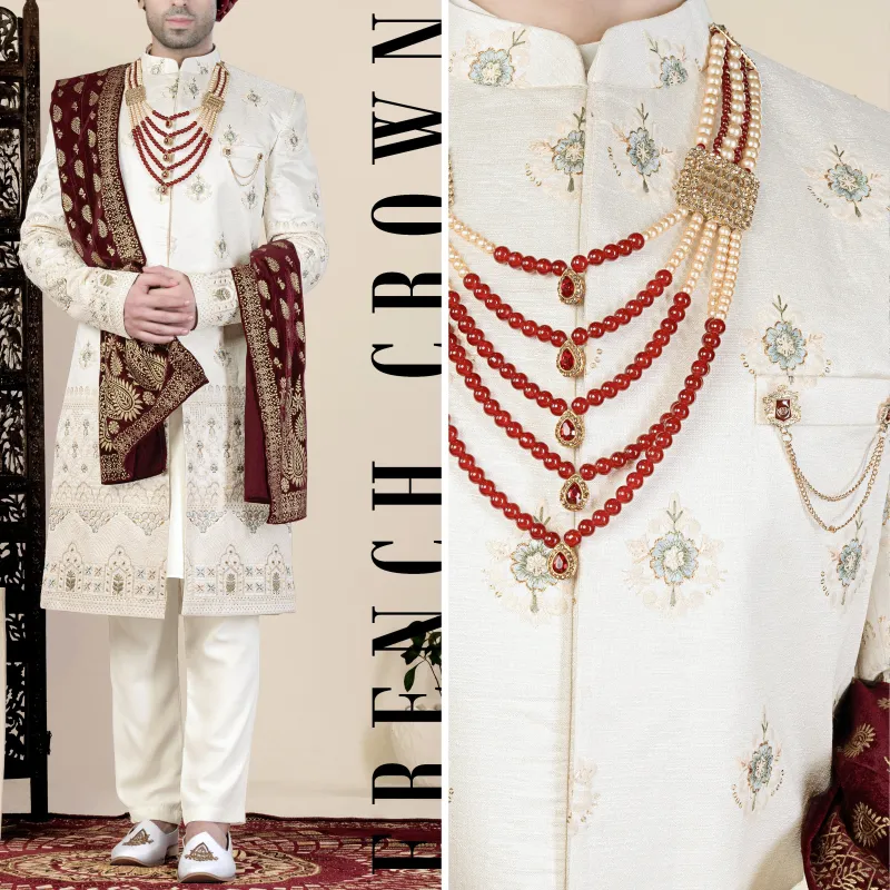 Eggshell Cream and Casper Blue Floral Thread and Sequin Embroidered Indo-Western Sherwani sold by French Crown