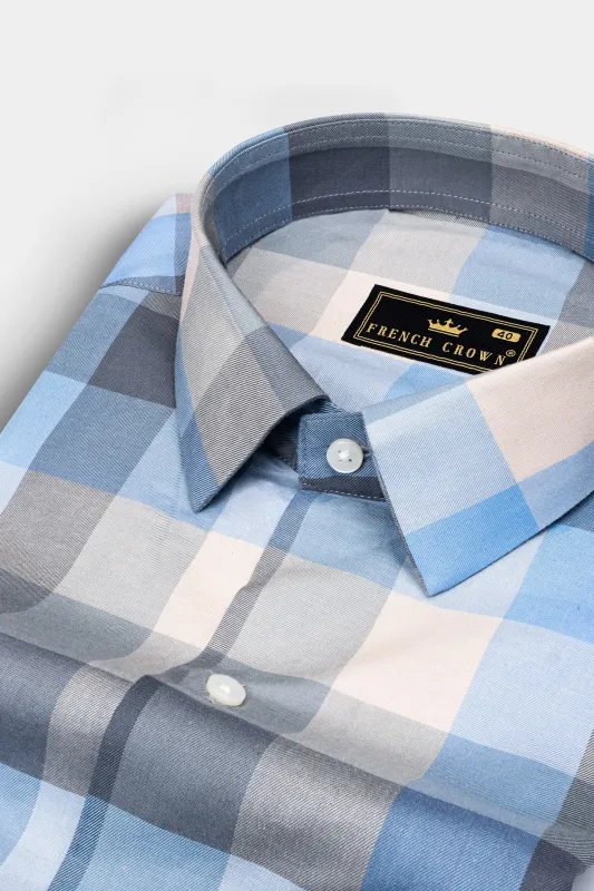 Glacier Blue and Oyster Beige Checked Twill Premium Cotton Shirt sold by French Crown