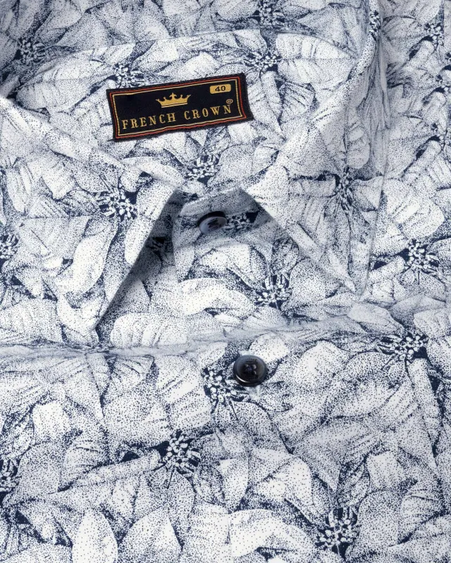 Bright White Floral Printed Twill Textured Premium Cotton Shirt sold by French Crown
