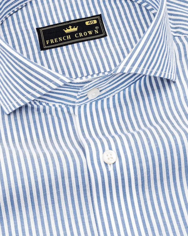 Bright White and Waikawa Blue Striped Premium Cotton Shirt sold by French Crown