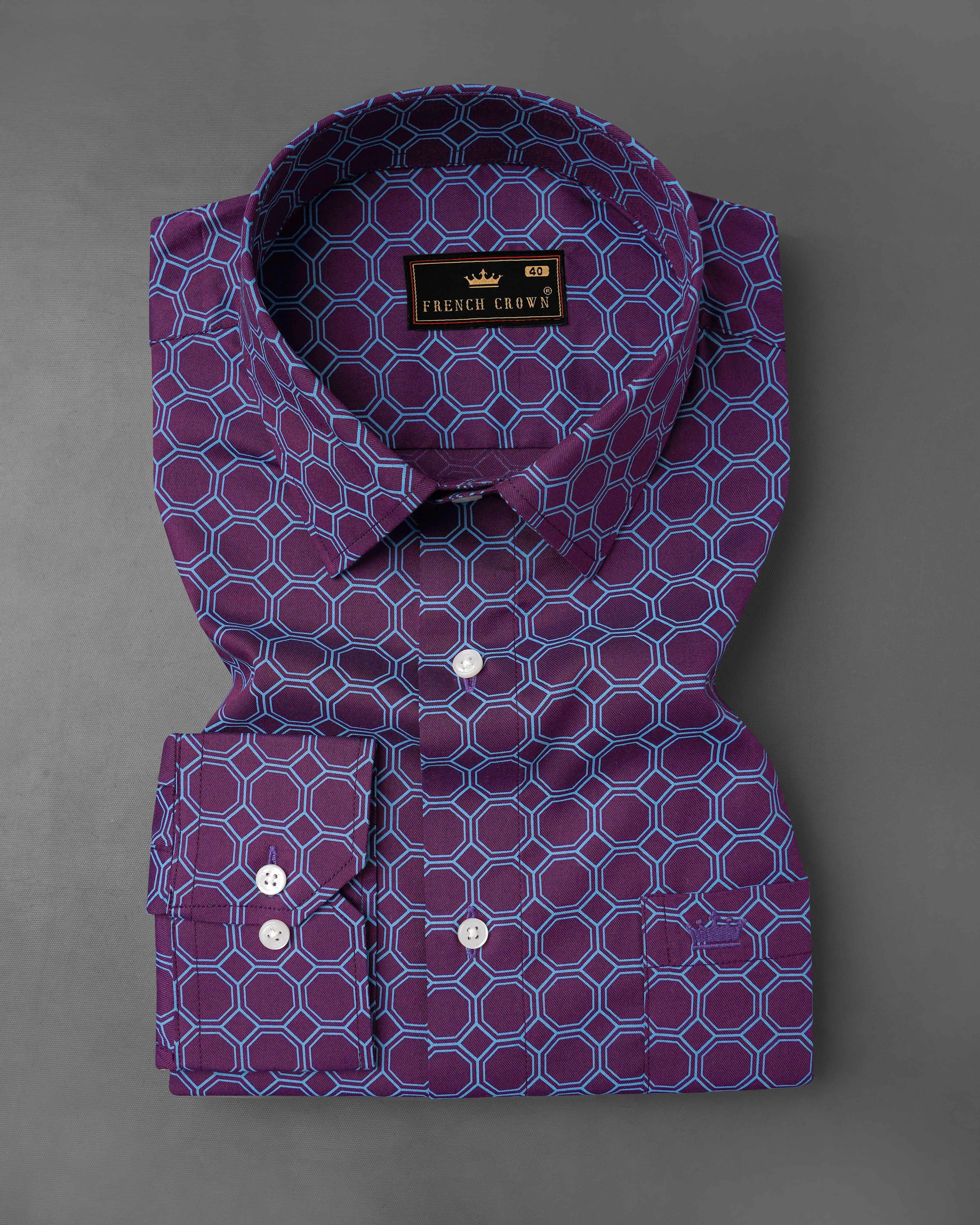 Bossanova Violet with Shakespeare Blue Hexagonal Printed Twill Premium Cotton Shirt sold by French Crown product image thumbnail 3