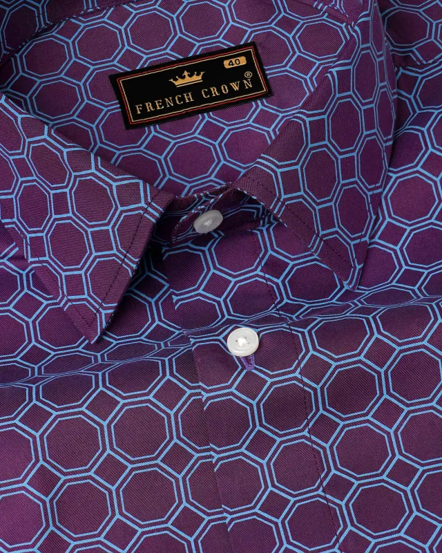 Bossanova Violet with Shakespeare Blue Hexagonal Printed Twill Premium Cotton Shirt sold by French Crown