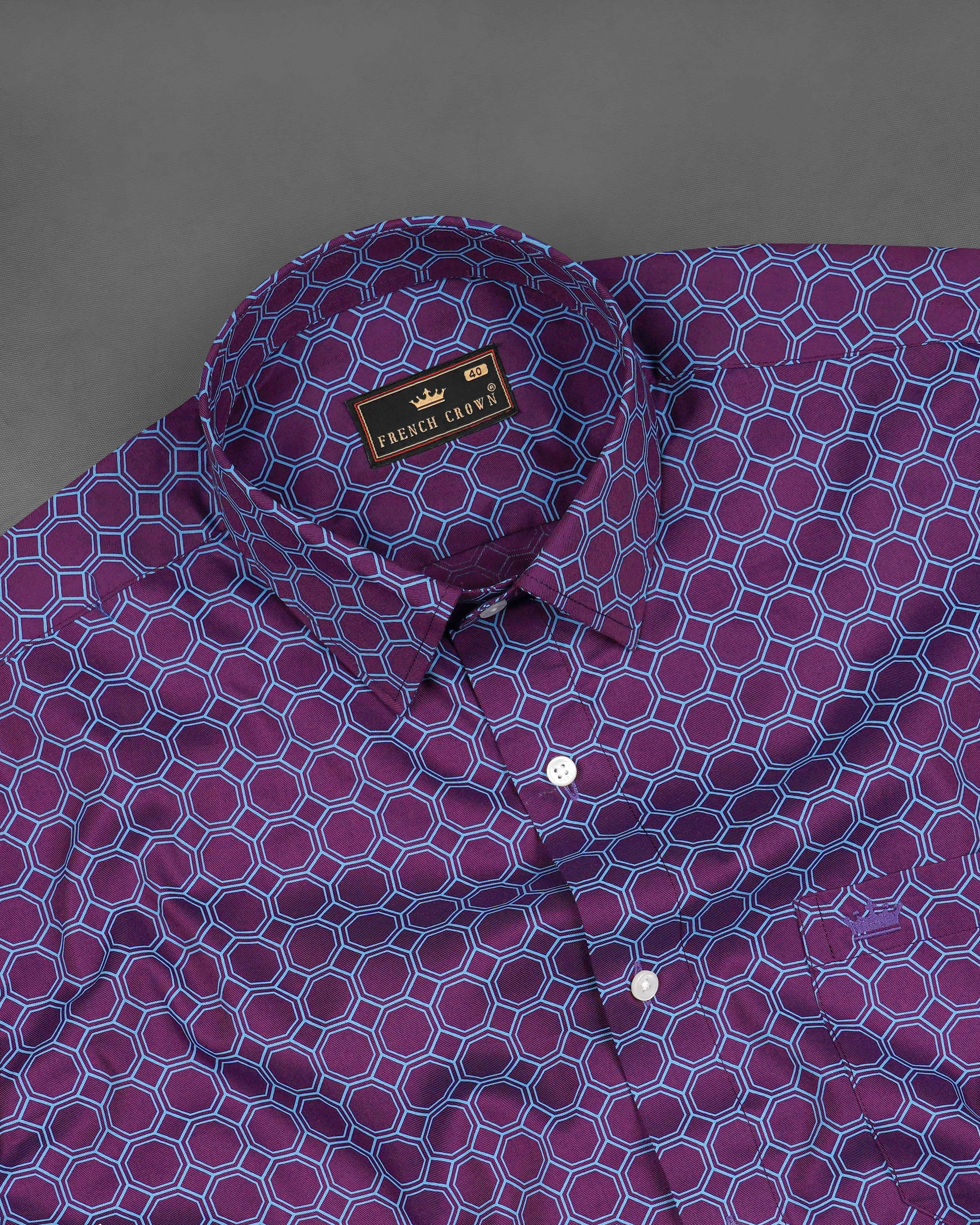 Bossanova Violet with Shakespeare Blue Hexagonal Printed Twill Premium Cotton Shirt sold by French Crown product image thumbnail 4