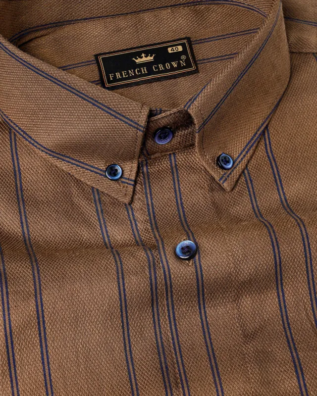 Potter Clay Brown with Ebony Clay Blue Striped Dobby Textured Premium Giza Cotton Shirt sold by French Crown