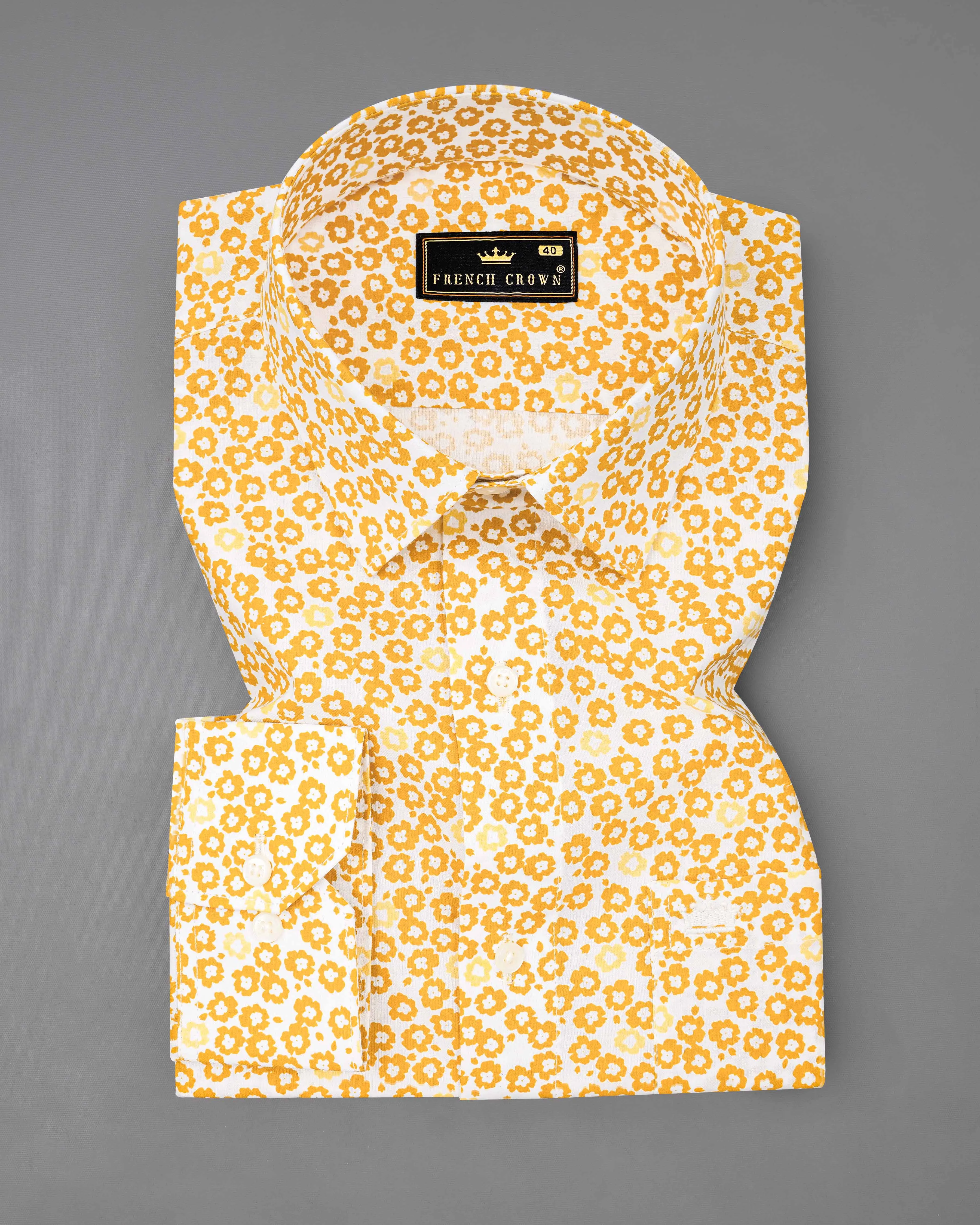 Cantaloupe Yellow with White Ditsy Printed Premium Cotton Shirt sold by French Crown product image thumbnail 3