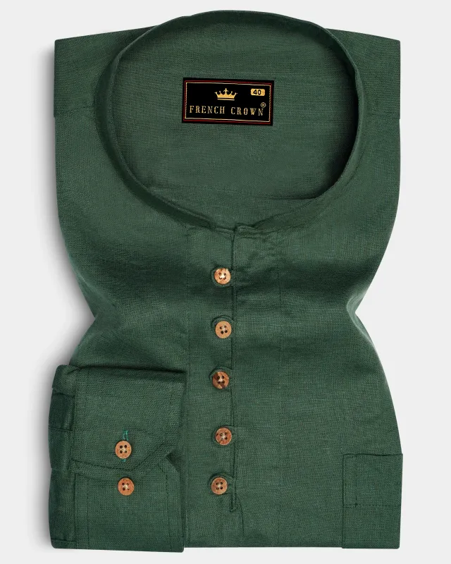 Hazel Green Luxurious Linen Kurta Shirt made by French Crown