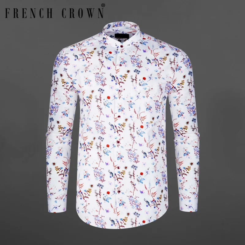 Bright White Floral Printed Luxurious Linen Shirt sold by French Crown