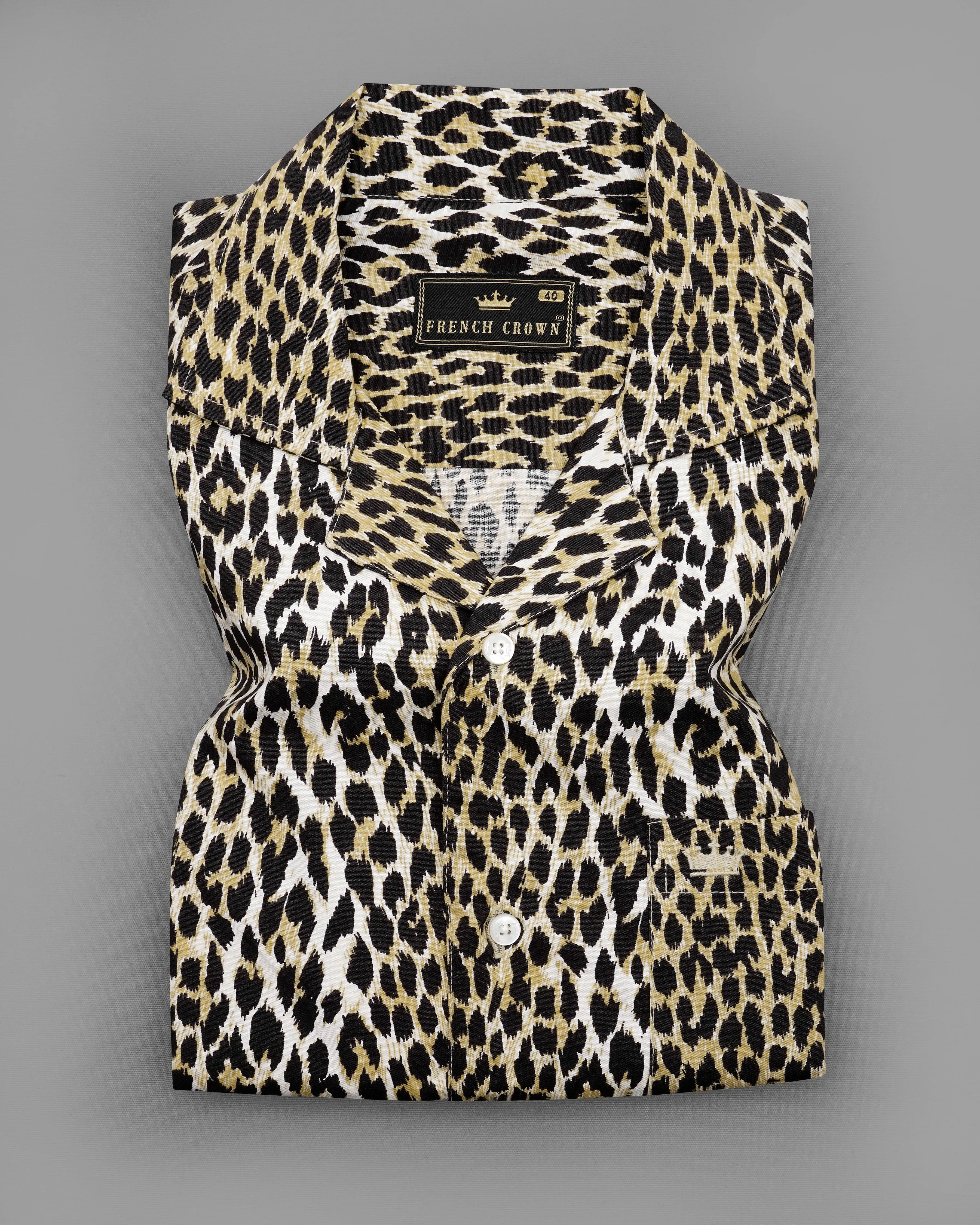 Cararra Cream with Brandy Brown and Black Leopard Striped Printed Premium Cotton Shirt sold by French Crown product image thumbnail 4
